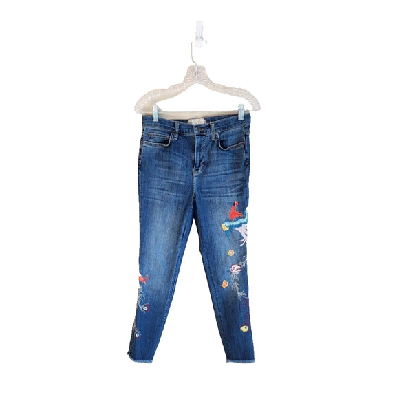 Free People Embroidered Bird Raw Hem Skinny Jeans Sz 28 Peacock Floral - Picture 3 of 15